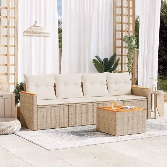 Set da giardino vidaXL composto da 5 pezzi con divani, poltrone, tavolino e cuscini beige in rattan e metallo