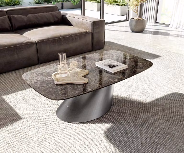 DELIFE Tavolino Edge Boot 120x70 cm Vetroceramica Emperador Extra Lucidato Marrone Scuro Conis Argento Metallizzato