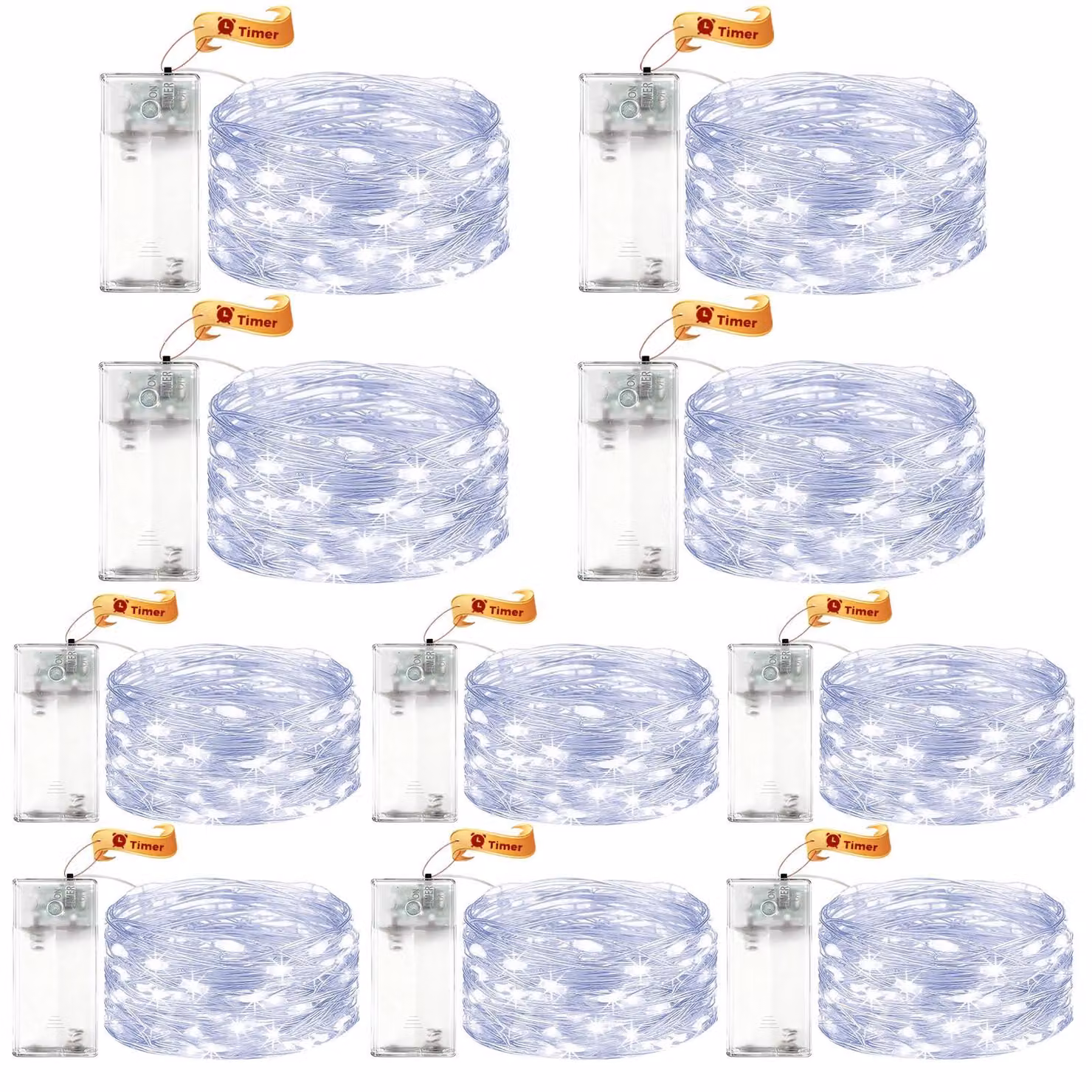 Catena luminosa a LED, set da 10, lunghezza 2 metri, 20 LED, luce bianca fredda, con timer, per uso interno
