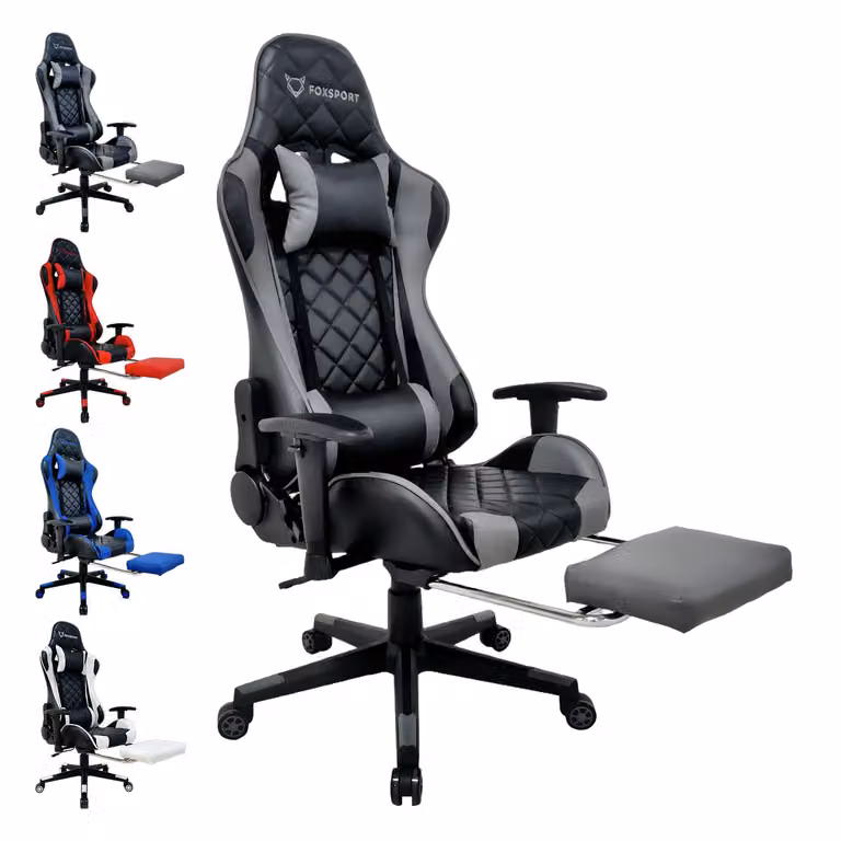Sedia da gioco FOXSPORT Sedia da ufficio ergonomica dal design racing fino a 150 kg, con poggiapiedi retrattile, poggiatesta regolabile e supporto lombare - grigio