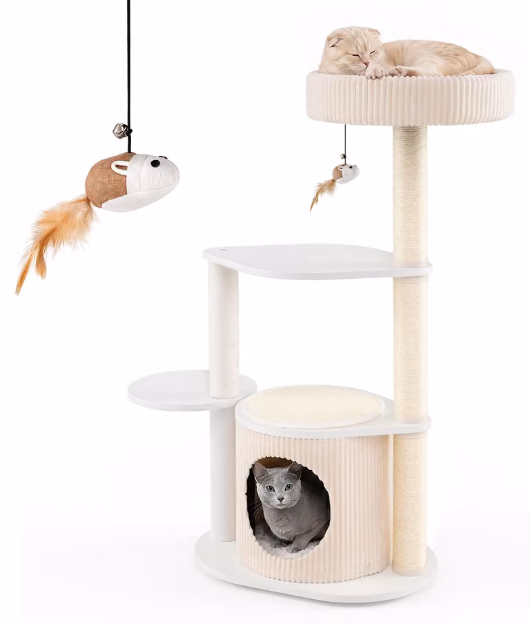 COSTWAY, albero per gatti da 105 cm, struttura a più livelli con pali in sisal per grattare, casetta per gatti, area relax in peluche e centro attività con topolino giocattolo per gattini