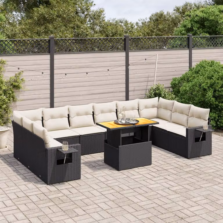 vidaXL Set Divani da Giardino 11 pz in Polyrattan Nero con Cuscini e Tavolino da Esterno