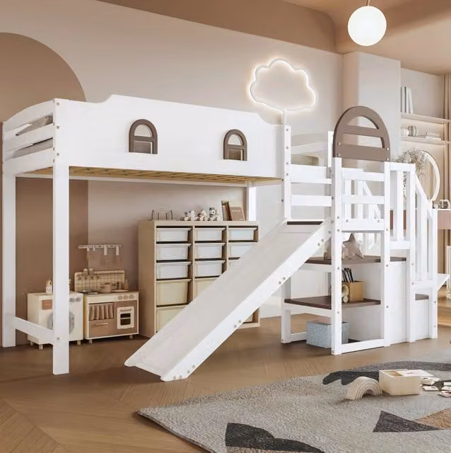 Letto a castello per bambini con scivolo, finestra decorativa e scala con 2 armadietti, legno di pino e MDF, bianco e marrone, 90x200 cm