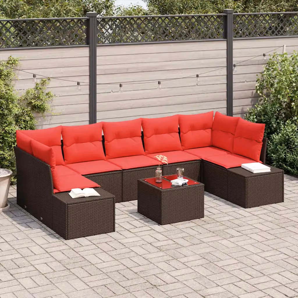 Set Divano da Giardino vidaXL 8 pz a L con Tavolino, Polyrattan e Struttura in Acciaio, Colore Marrone, Beige e Rosso