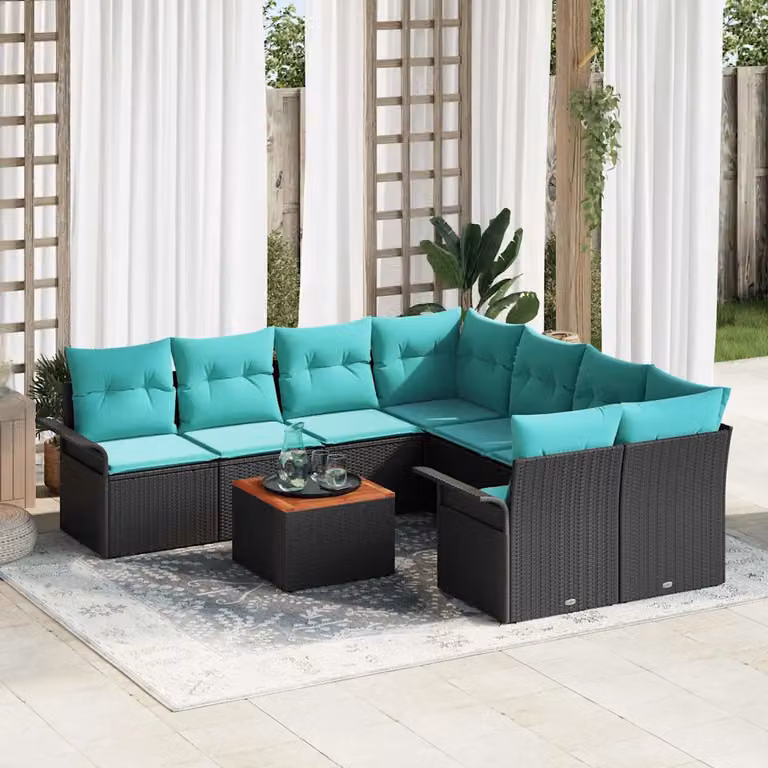 Set Divano da Giardino vidaXL 9 Pezzi a Forma di U con Tavolino, Nero e Turchese