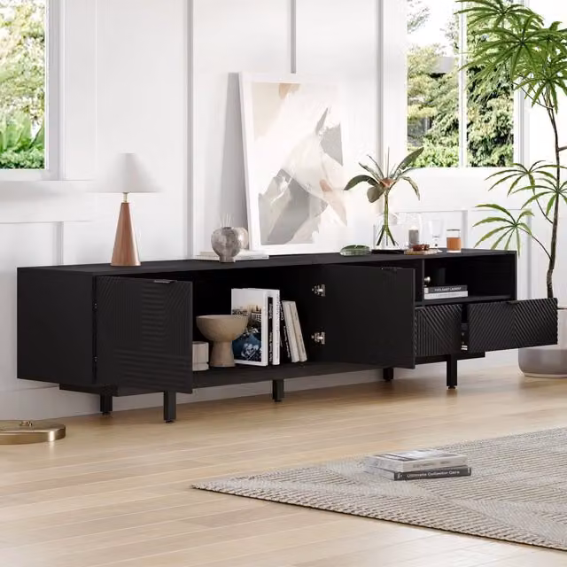 Mobile TV moderno stile bohemien, motivo geometrico astratto nero, 200x40x51 cm, con spazio contenitore, per TV fino a 90 pollici