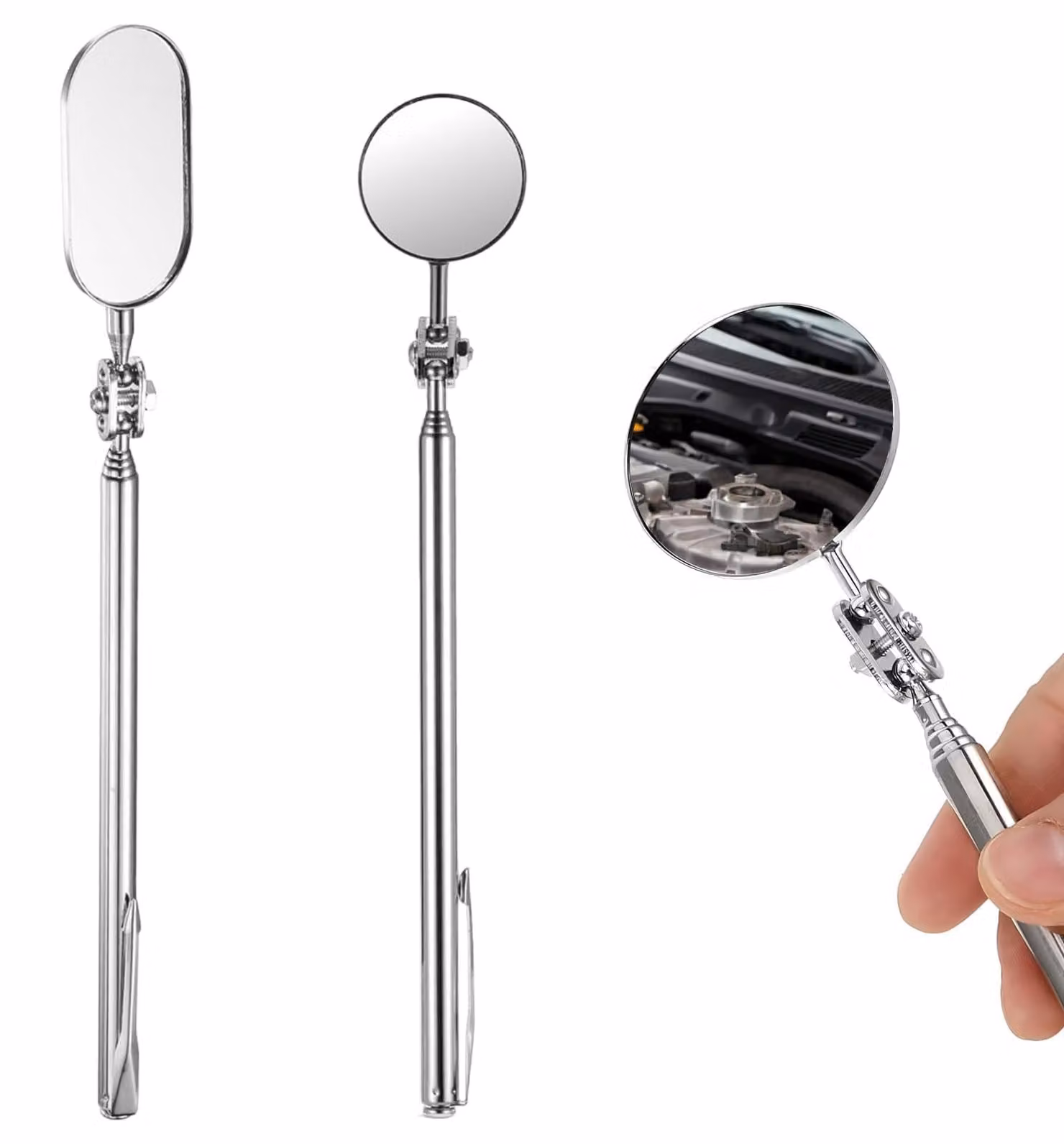 Set di specchi per ispezione, composto da 2 pezzi, uno rotondo e uno ovale, in acciaio inossidabile, con manico telescopico e rotazione a 360°, adatto per auto e altro