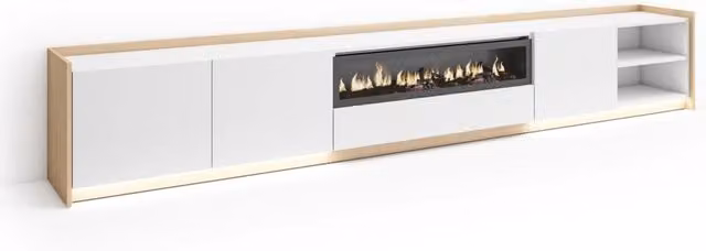 Mobile TV Soggiorno, 310x50x37 cm, Per TV fino a 80", Camino elettrico, LED, Bianco e Rovere soft