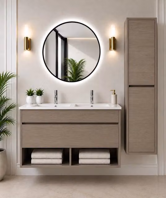 Mobile bagno sospeso con lavabo ORIGENBATH NEBARI con cassetto con colonna 120x45 cm doppio lavabo rovere smoky con colonna