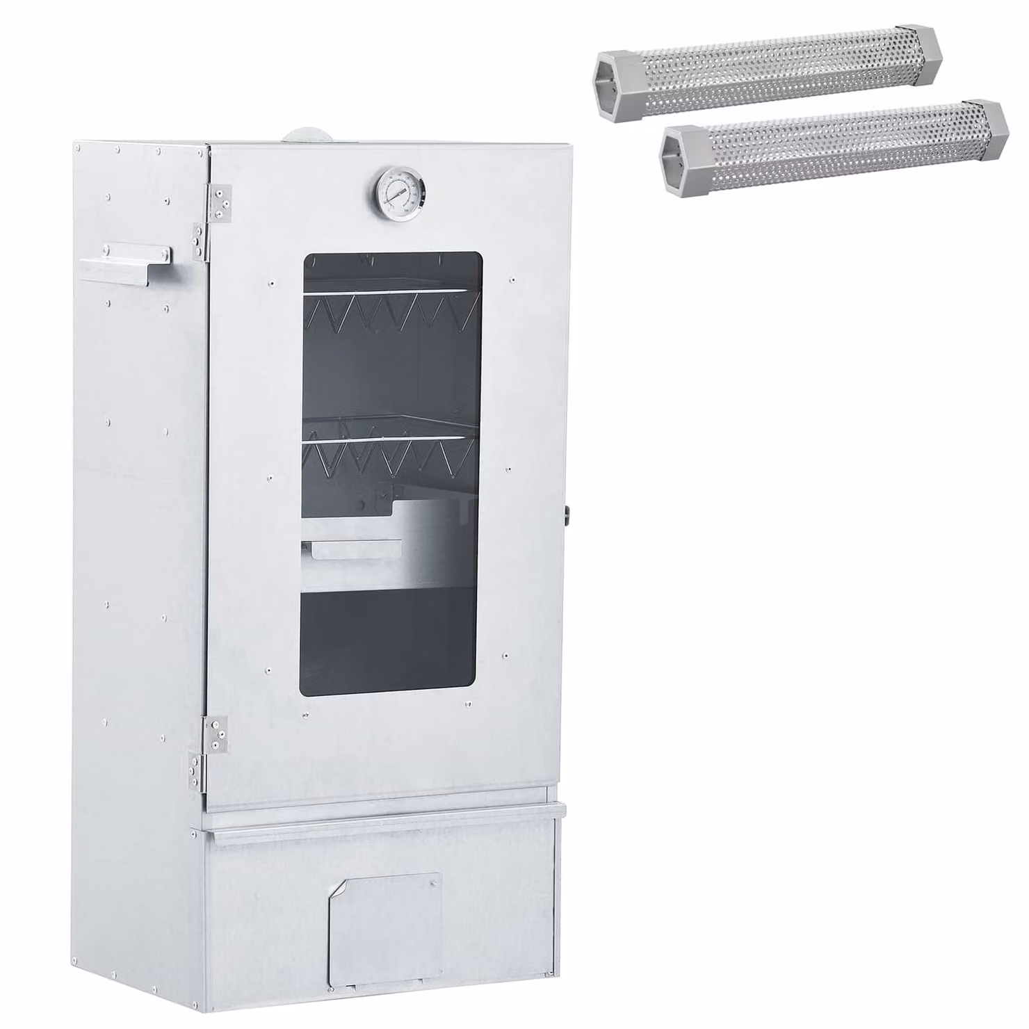 Affumicatore a freddo con tubo vidaXL in acciaio inossidabile e galvanizzato, colore argento, con termometro, L: 44,5 cm, P: 29 cm, H: 83 cm