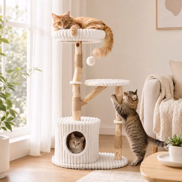 COSTWAY: Albero per gatti in legno naturale con cuccia, altezza 105 cm. Include tiragraffi in juta, cuscino rimovibile, pallina giocattolo e struttura per arrampicata, ideale per gatti