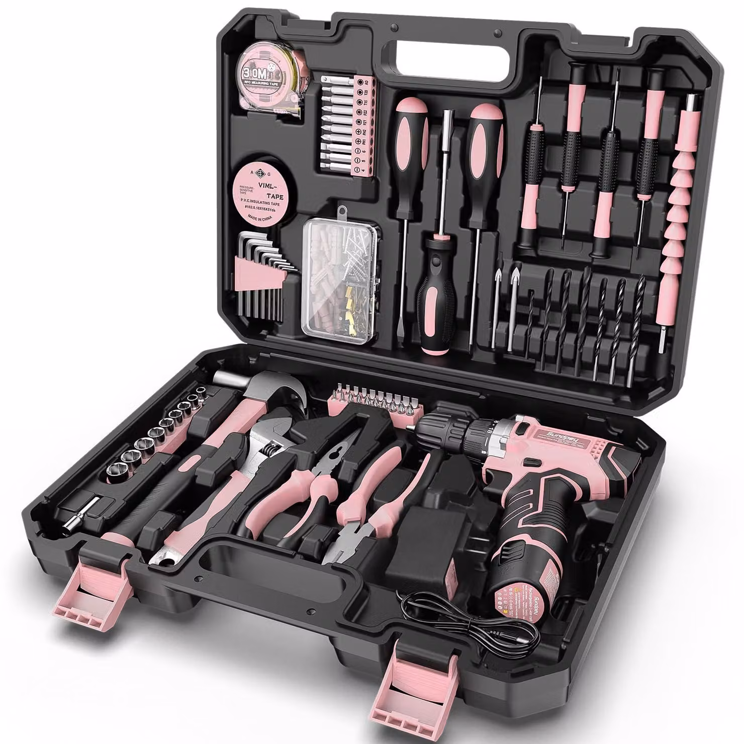 Kit di attrezzi da 206 pezzi - Trapano avvitatore a batteria da 12 V - Set completo - Rosa
