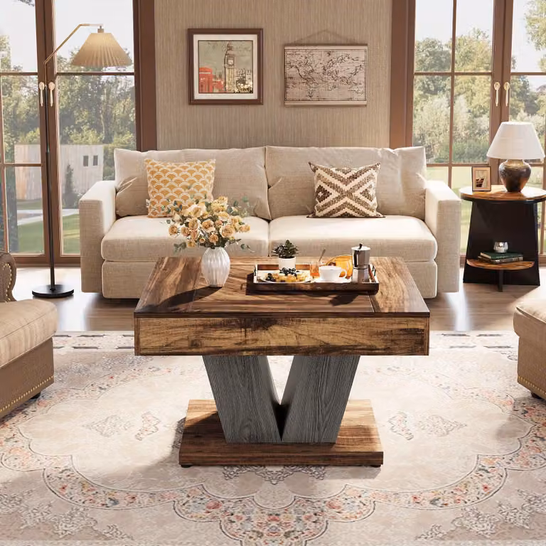 Tavolino da salotto in legno effetto rustico, nei colori marrone e nero, stile industriale vintage, robusto ed elegante