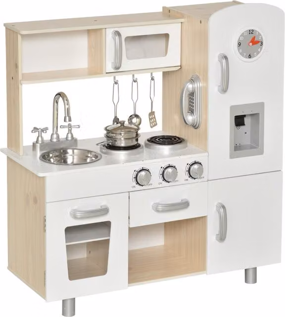 Cucina Giocattolo in Legno HOMCOM per Bambini con Lavandino, Fornelli e Utensili in Acciaio, Bianco, L 74 x P 30 x H 81 cm