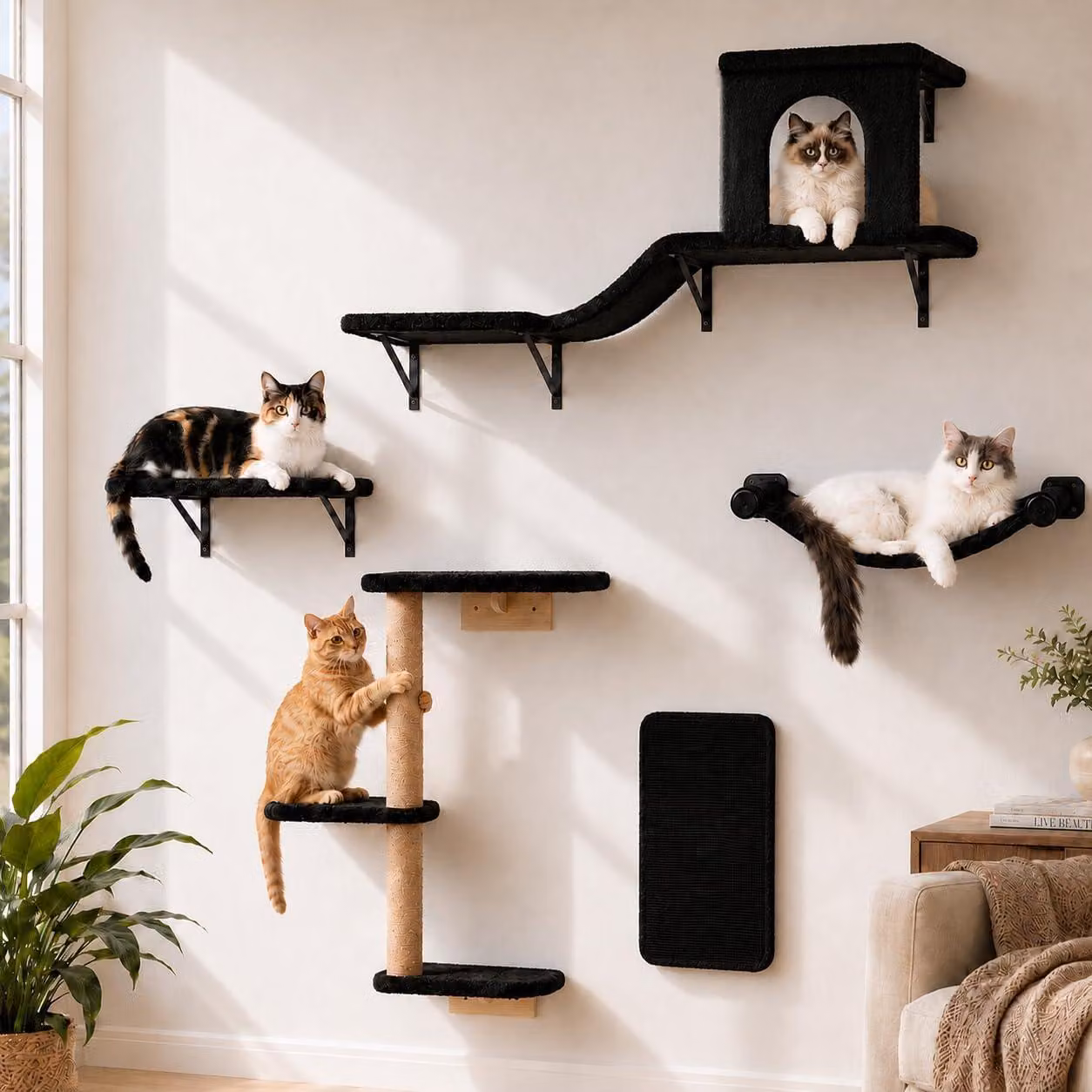 Set di accessori per gatti da montare a parete, 5-in-1: tiragraffi, piattaforma, amaca, casetta