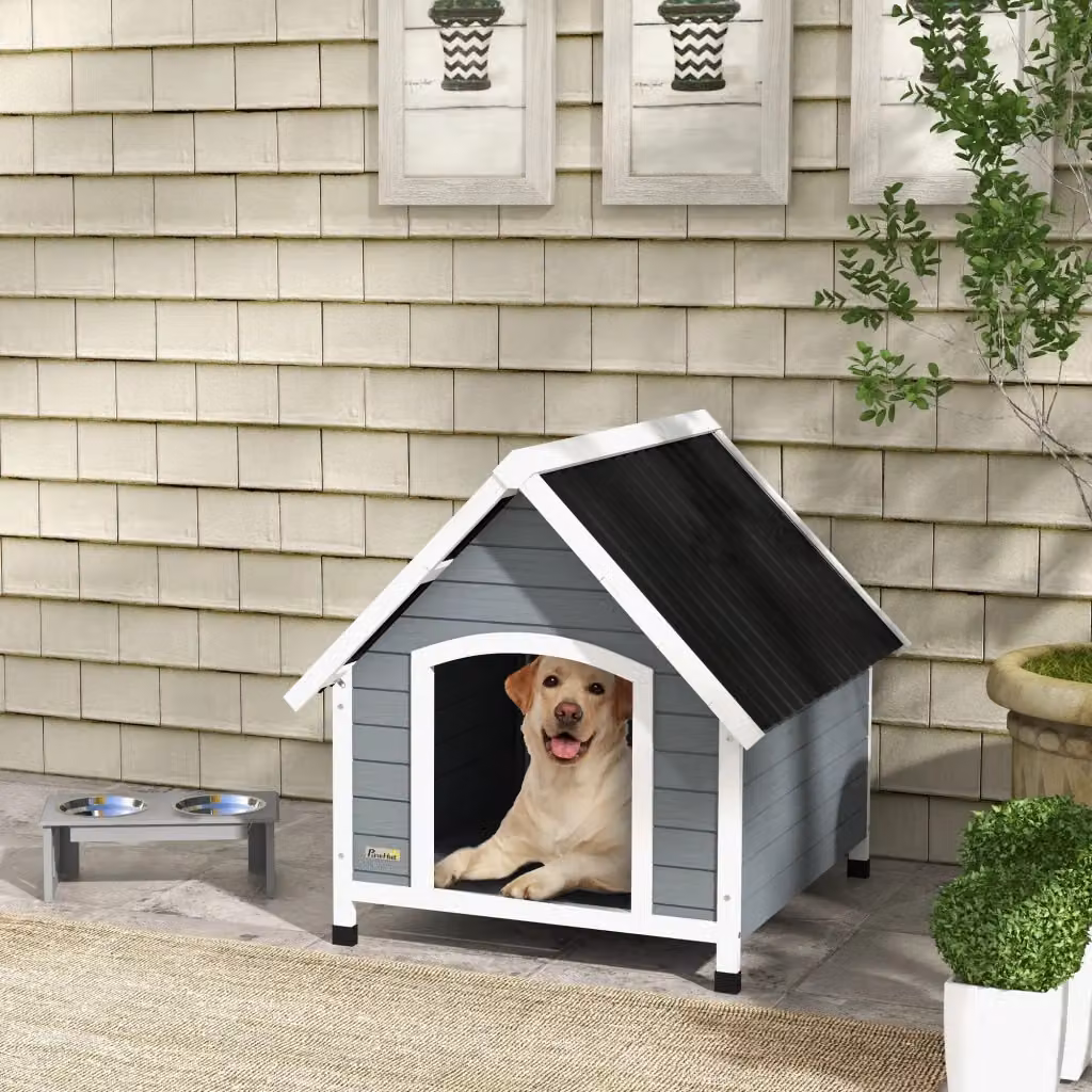 Cuccia per cani grandi da esterno GIORDANOSHOP in legno di abete grigio e nero con tetto rimovibile e pavimento rialzato L: 84 cm, P: 99 cm, H: 87 cm – 2