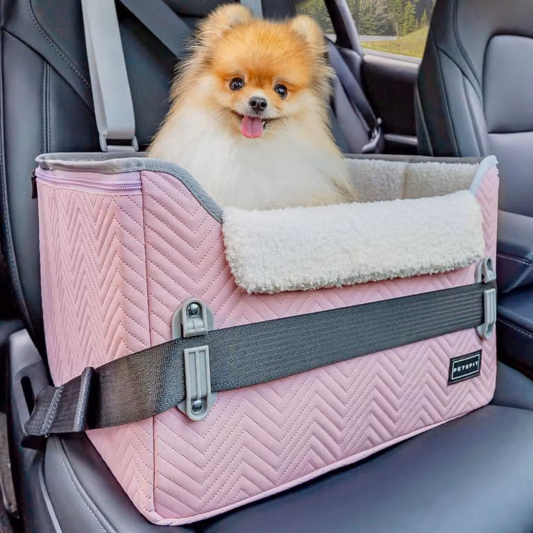 Seggiolino per auto per cani di piccola taglia, 2-in-1: cestino e cuccia per cani, rosa e grigio, in ecopelle
