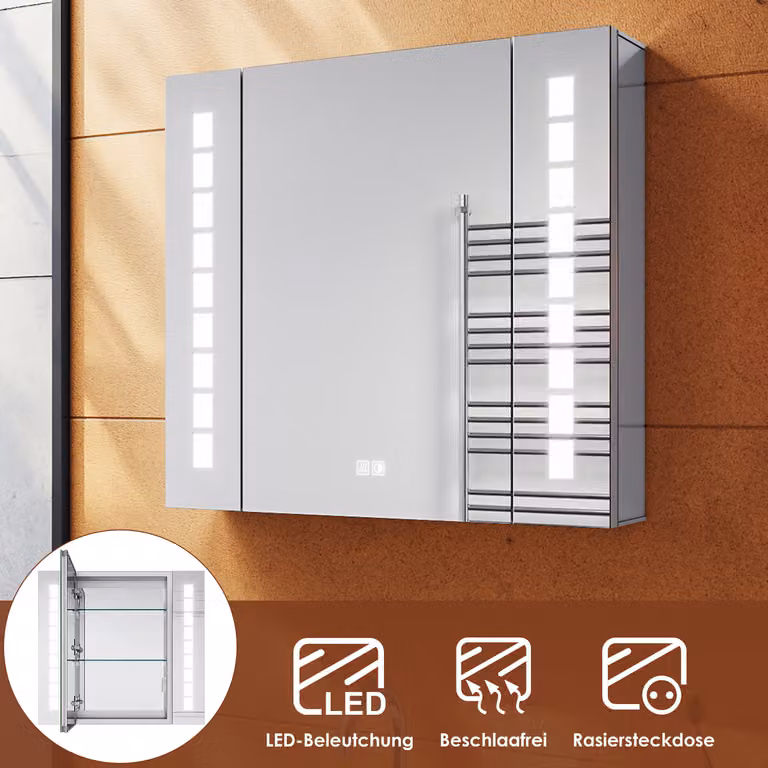 SONNI Armadio a specchio LED in alluminio con interruttore e presa tattile e funzione antiappannamento 65x60x13,3 cm