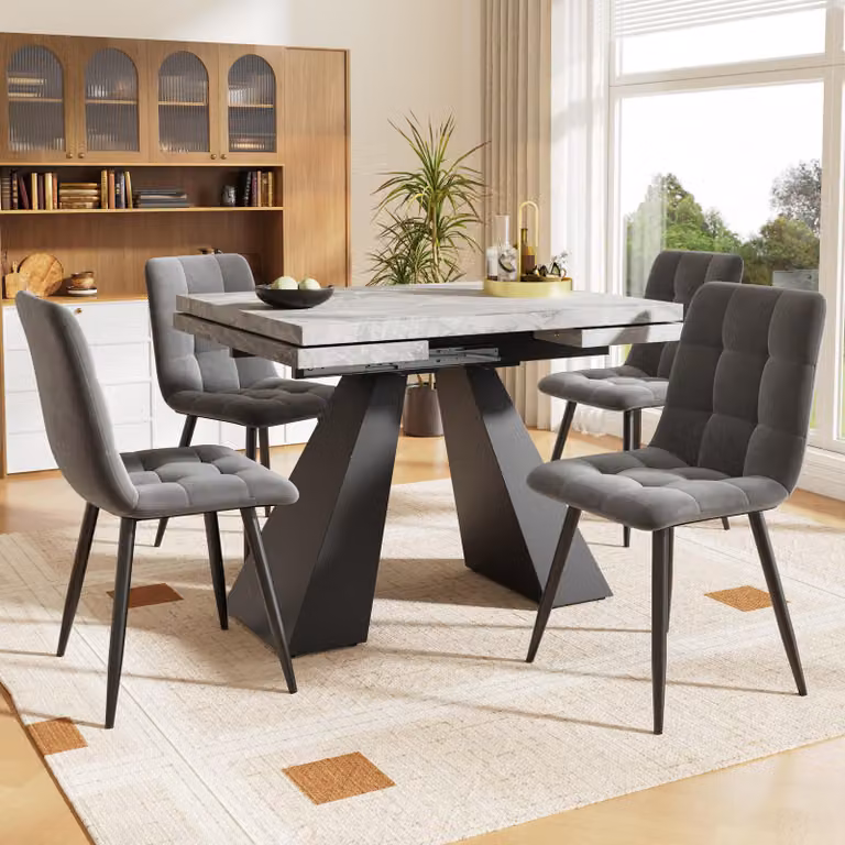 Set da pranzo STILVORA Set da tavolo da 5 pezzi con tavolo da pranzo da 160×80×75 cm e 4 sedie da pranzo per 4 persone, tavolo da pranzo bianco con gambe a colonna