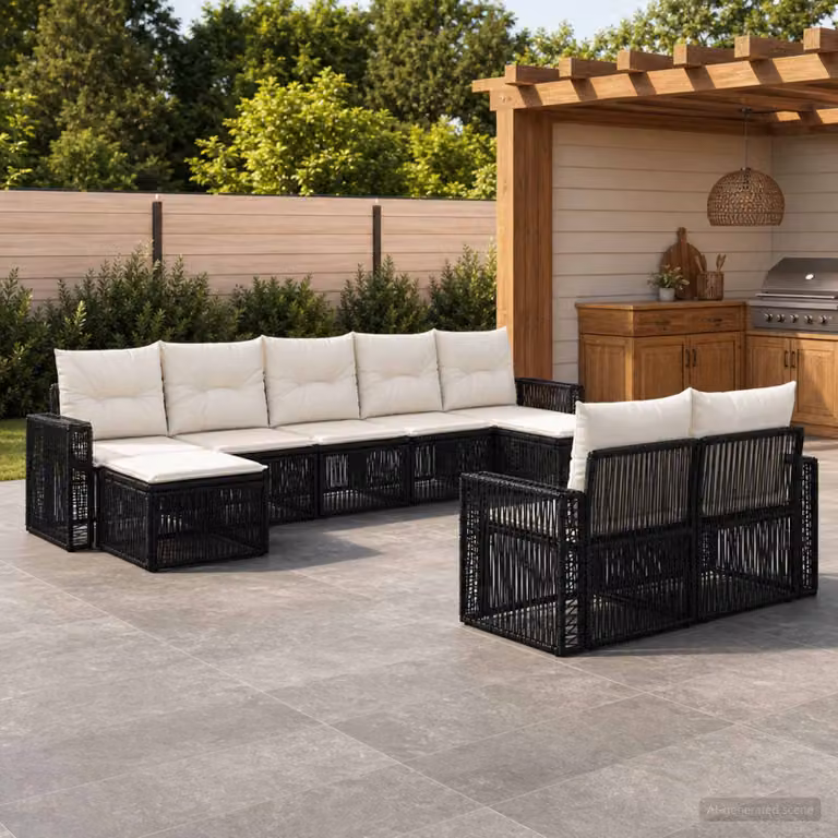 Set Divano da Giardino vidaXL 9 pz a Forma a U in Polyrattan con Cuscini, Nero e Bianco Crema