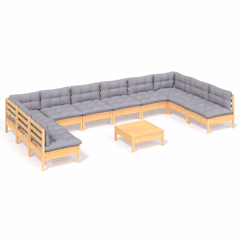 Set Divani da Giardino 11 pz con Cuscini Grigi Massello di Pino