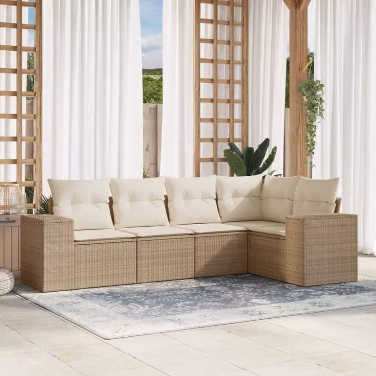 vidaXL Set Divano da Giardino a L 5 pz in Polyrattan con Cuscini Beige e Rivestimenti Rimovibili