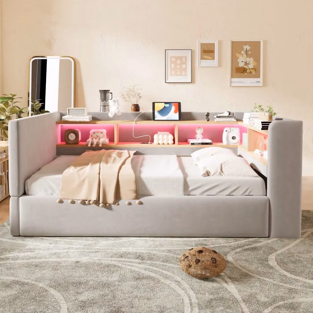 Divano letto imbottito WISHDOR con vano contenitore idraulico, luci LED e prese USB, grigio, L/P: 190 x 90 cm