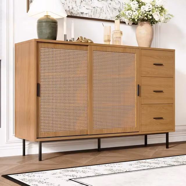 Credenza con 2 porte scorrevoli e 3 cassetti; 140 x 37 x 91 cm; Natural
