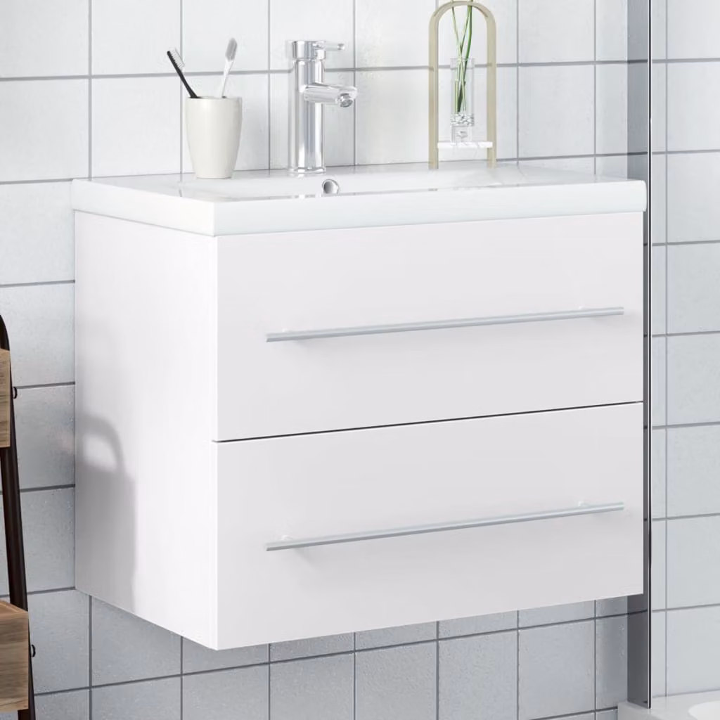 Mobile da bagno sospeso moderno vidaXL con lavabo bianco e cassetti