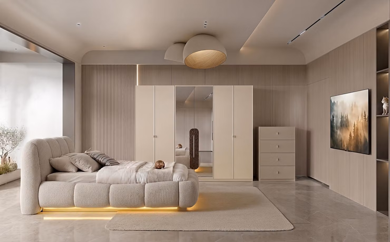 Set per camera da letto: letto, armadio, comodino. Colore beige, design moderno, elegante