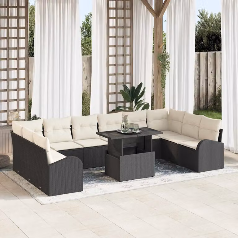 Set Divano da Giardino vidaXL 11 pz in Polyrattan Nero e Beige con Cuscini e Tavolino da Caffè