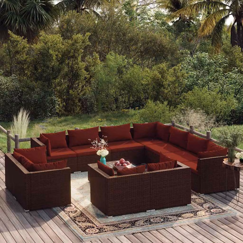 Set di divani da giardino vidaXL a forma di U con cuscini e tavolino, struttura in metallo e rattan marrone e rosso