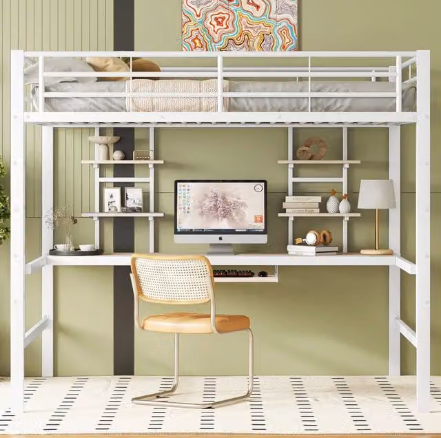 Letto a soppalco 140x200 cm bianco in metallo, scrivania e 2 librerie, senza materasso