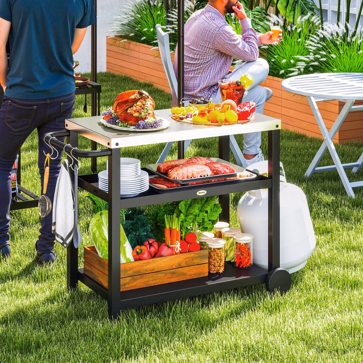 Carrello per barbecue Outsunny in acciaio inox con 3 livelli, piano di lavoro e ruote, Grigio carbone, L 102 x P 50 x H 81 cm – 2