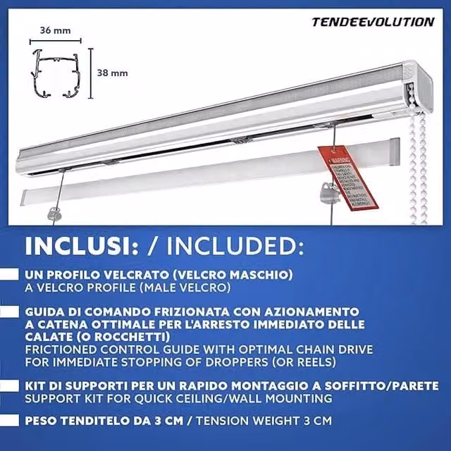 Binario per tenda a pacchetto TENDEEVOLUTION in alluminio bianco con cassone e 5 calate, montaggio a parete o soffitto, Lunghezza: 300 cm, comando a sinistra – 1