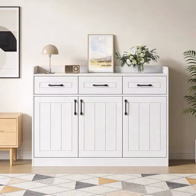 Credenza moderna REDOM in MDF bianco e nero con design a righe per soggiorno e sala da pranzo L: 120 cm, P: 35 cm, H: 80 cm – 1