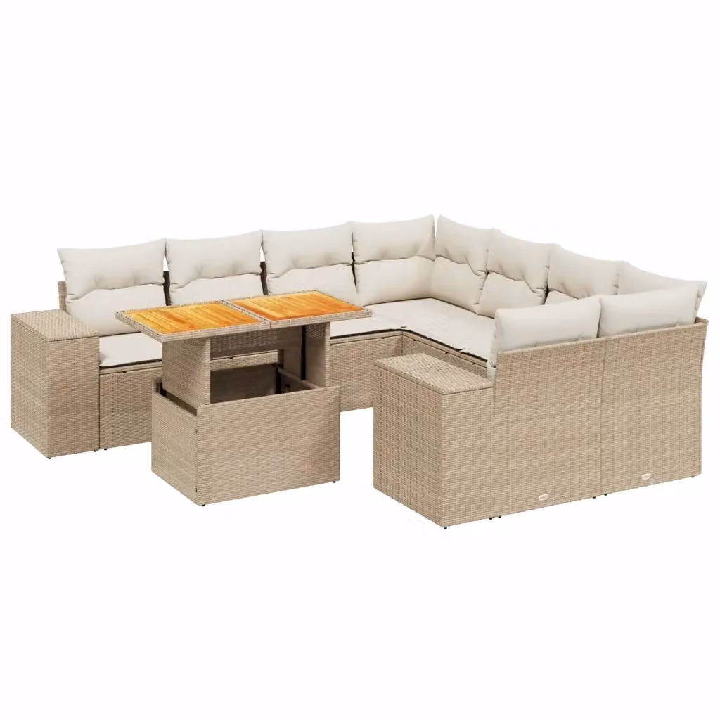 vidaXL Set Divano da Giardino 9 pz a Forma di L in Polyrattan Beige con Cuscini e Tavolino da Esterno – 2