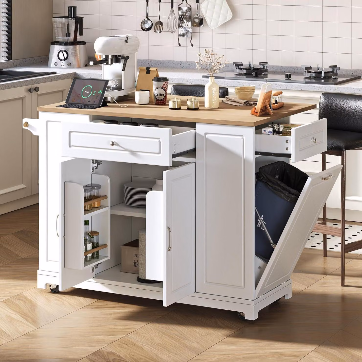 Isola da cucina con ruote, zona pranzo estendibile, cassetti, vano per contenitore dei rifiuti, colore bianco