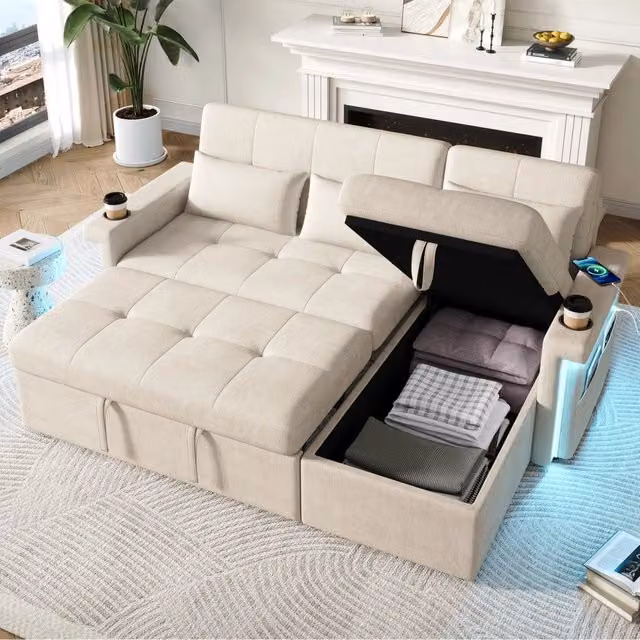 Divano angolare convertibile a L; divano letto con LED; USB; schienale regolabile; portabicchiere e contenitore; ciniglia; beige