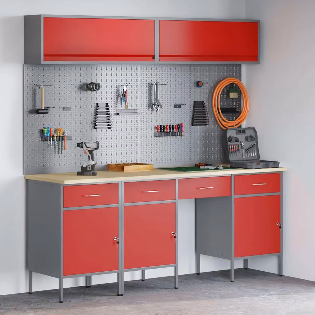 Set di mobili da lavoro vidaXL con cassetto con blocco, 10 pezzi, Rosso