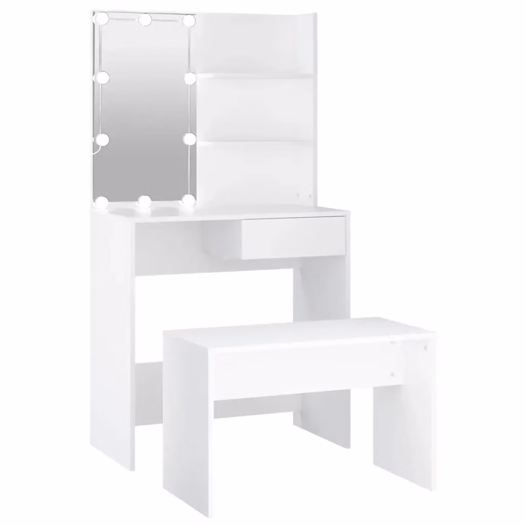 vidaXL Set Tavolo da Toeletta Bianco con LED in Legno Multistrato L: 141 cm, P: 40 cm, H: 74,5 cm – 2