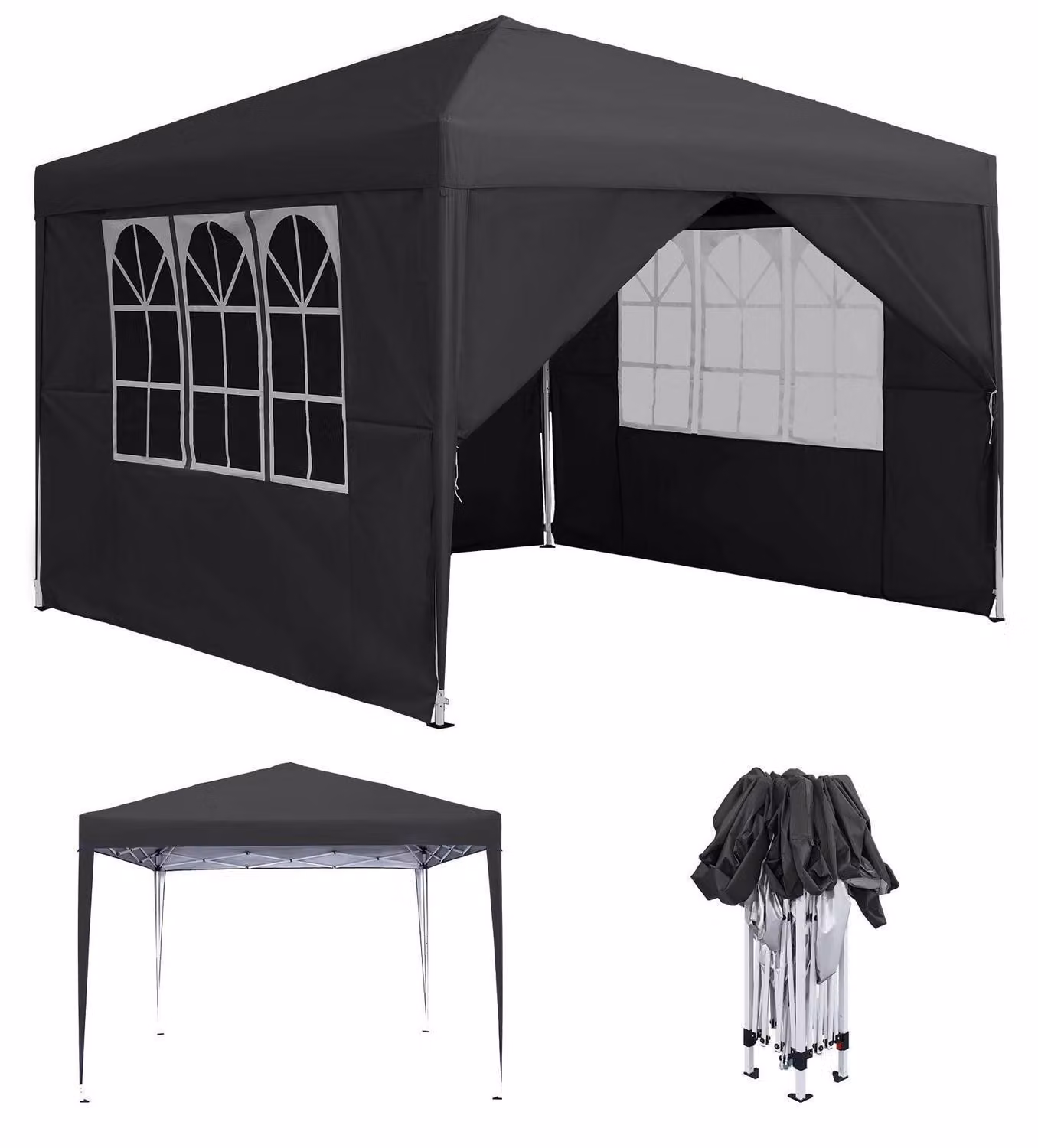 Gazebo da esterno 3x3 metri, impermeabile, stabile, con 4 pannelli laterali e finestre, colore antracite