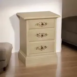 Comodino Shabby Chic KIVIO in legno decorato a mano con motivi floreali color beige – 2