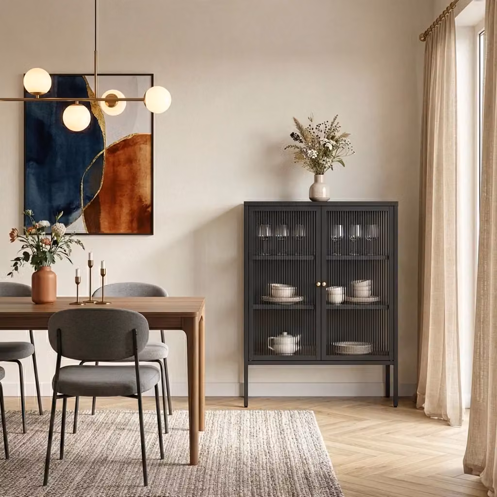 Credenza Vinterhavn en.casa in acciaio nero con 2 ante in vetro scanalato L: 100 cm, P: 30 cm, H: 80 cm – 2