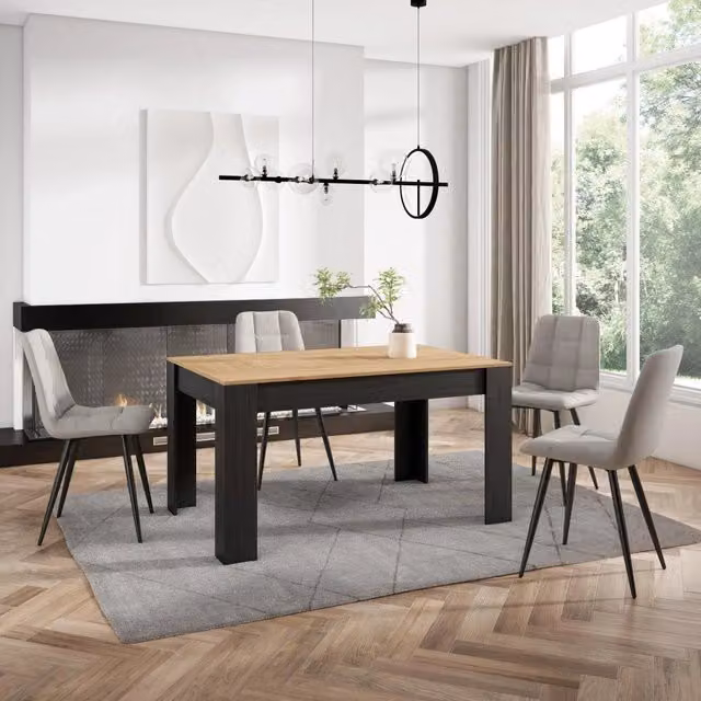 Tavolo da pranzo moderno SKRAUT HOME in legno, colore rovere e nero, per 6 persone, L: 140 cm, P: 90 cm, H: 76 cm