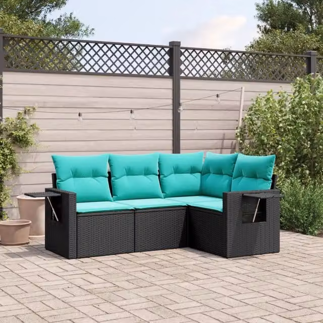 Set di divani da giardino a forma di L vidaXL in rattan e metallo con cuscini inclusi, colore nero, blu o turchese