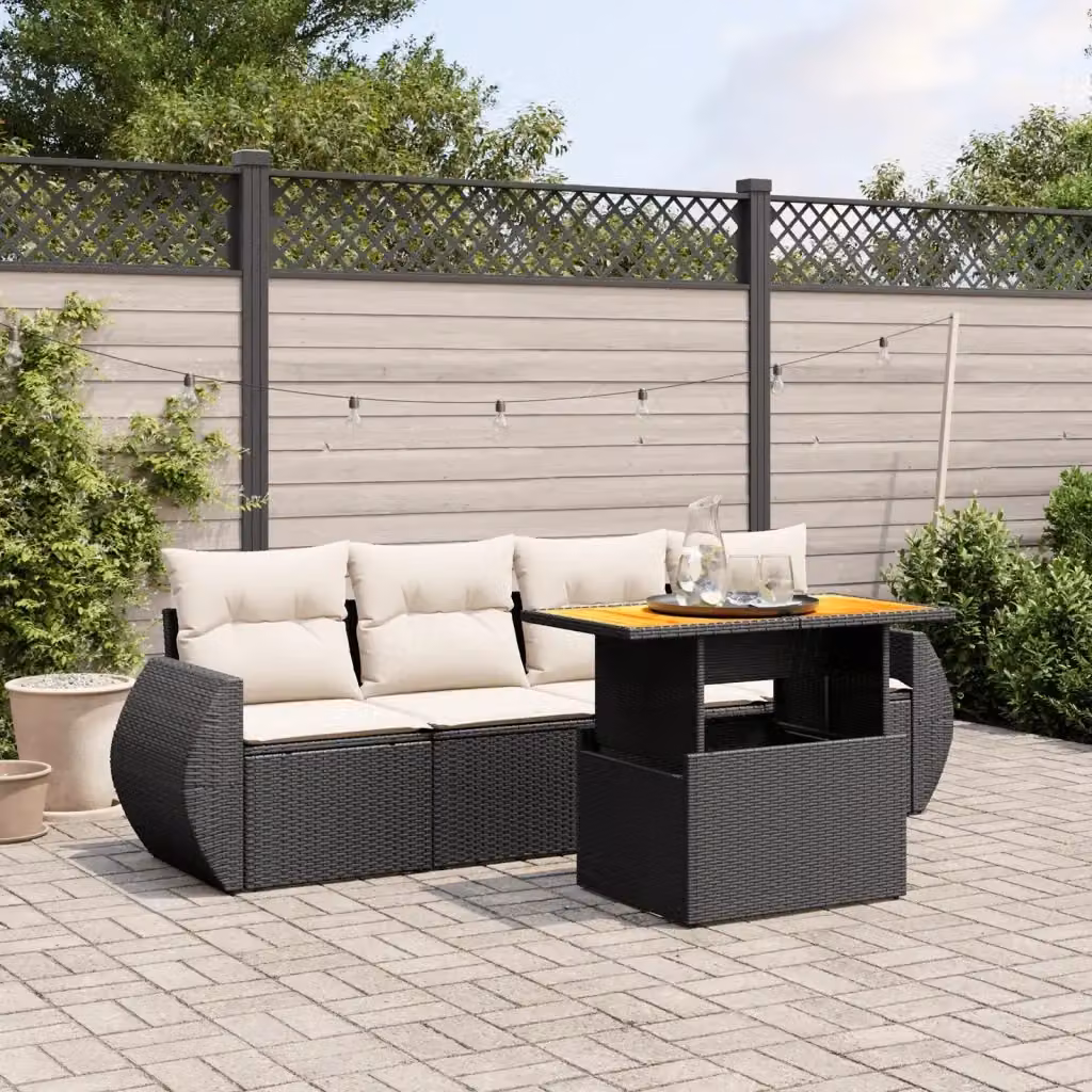 Set Salotto da Giardino Moderno in Legno di Acacia Oliato con Struttura in Metallo e Dettagli in Rattan Nero e Bianco – 2