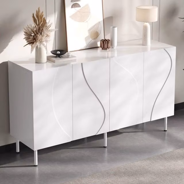 Madia moderna bianca con 4 ante curve 3D e apertura push-to-open in MDF e metallo L: 140 cm, P: 40 cm, H: 77,5 cm – 1