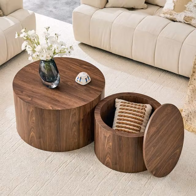 Set di 2 tavolini da caffè; con vano interno e coperchio rimovibile; in MDF effetto legno marrone