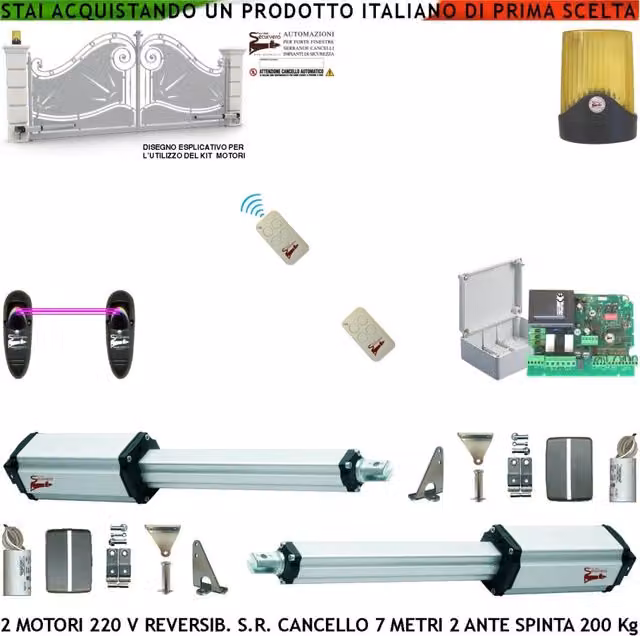 Kit Base Automatismo 230 V Ricambio x Cancello da 7 Metri 2 Ante da 3,5 Metri 2 Motori Lineari 220 V Stelo Retrattile Reversibile Corsa 600 mm Spinta 250 Kg Centrale 2 Radiocomandi Fotocellule Faro